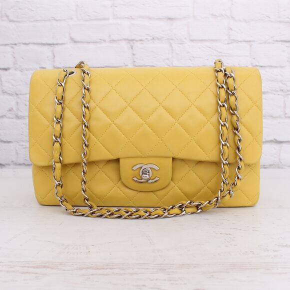 Chanel Classic Double Flap Yellow Lambskin Leather Shoulder Purse A4694 - Picture 1 of 12